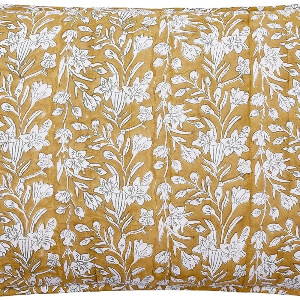Laurel & Mayfair Gold Block Print Floral Cotton Voile Queen Quilt Set 3pc Gold